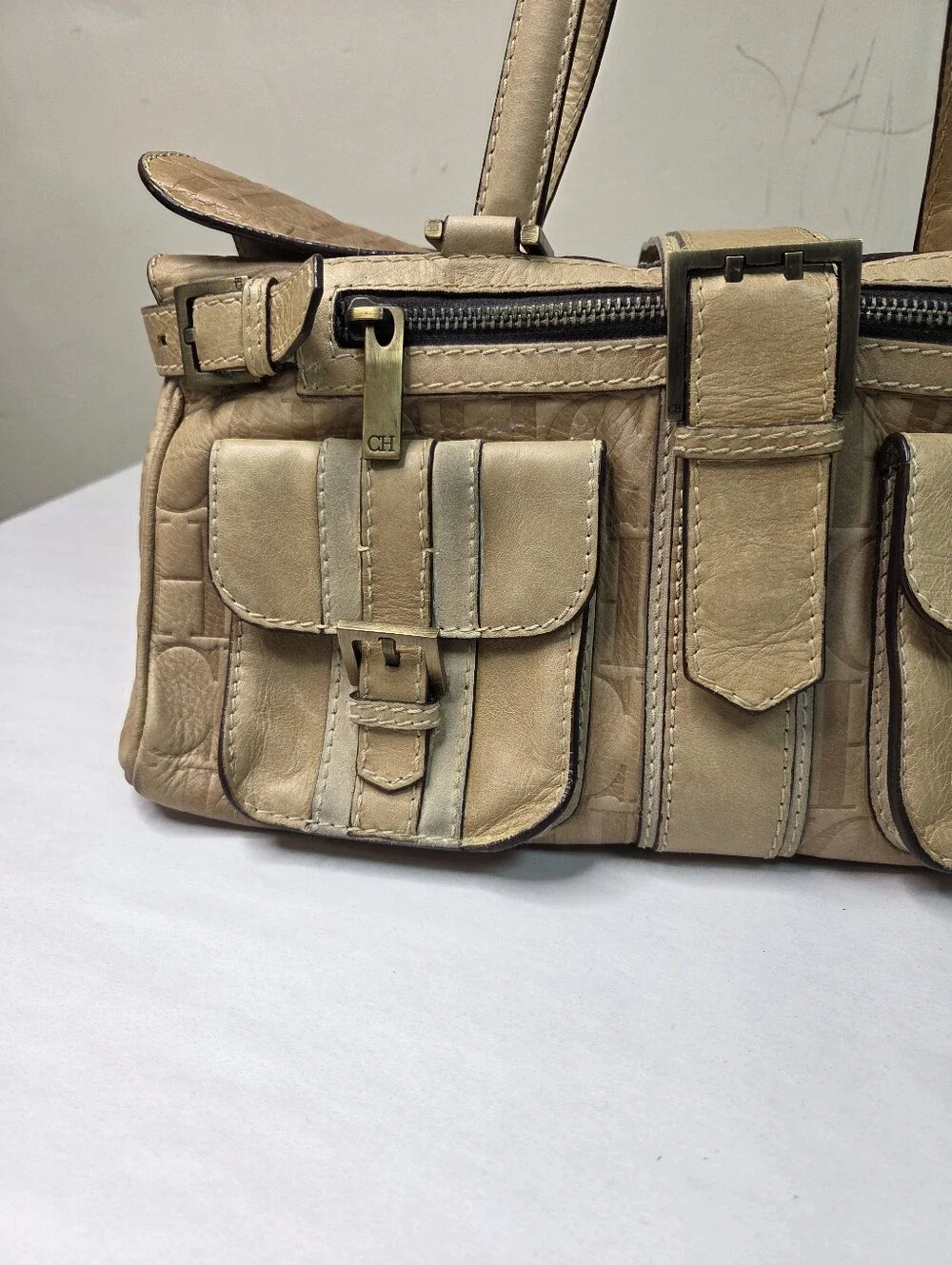 Carolina Herrera Beige Croc-Embossed Leather Satchel with Front Pockets